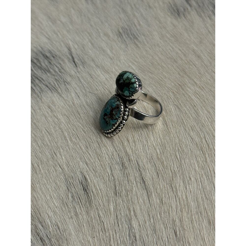 Sterling Silver Blue Hubei Turquoise Double Stone Adjustable Ring Sawtooth 925 - Picture 12 of 14